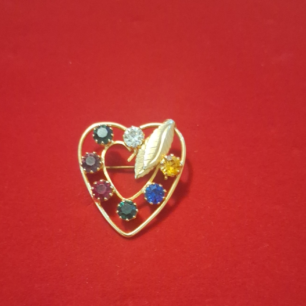 Vintage Gold Heart Brooch with Multicolor Gems